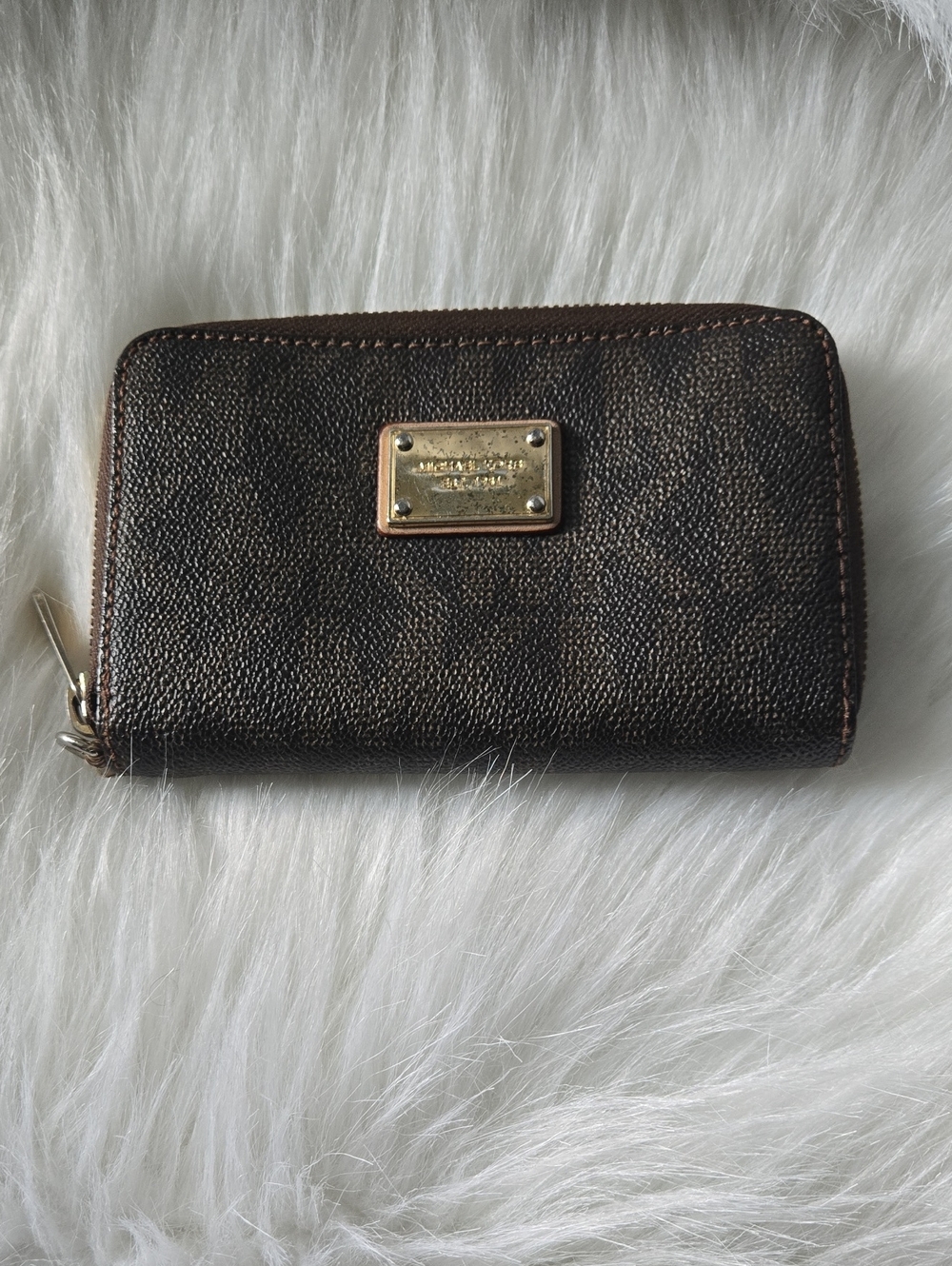 Michael Kors Dark Brown Zip-Around Wallet with Gold Plaque